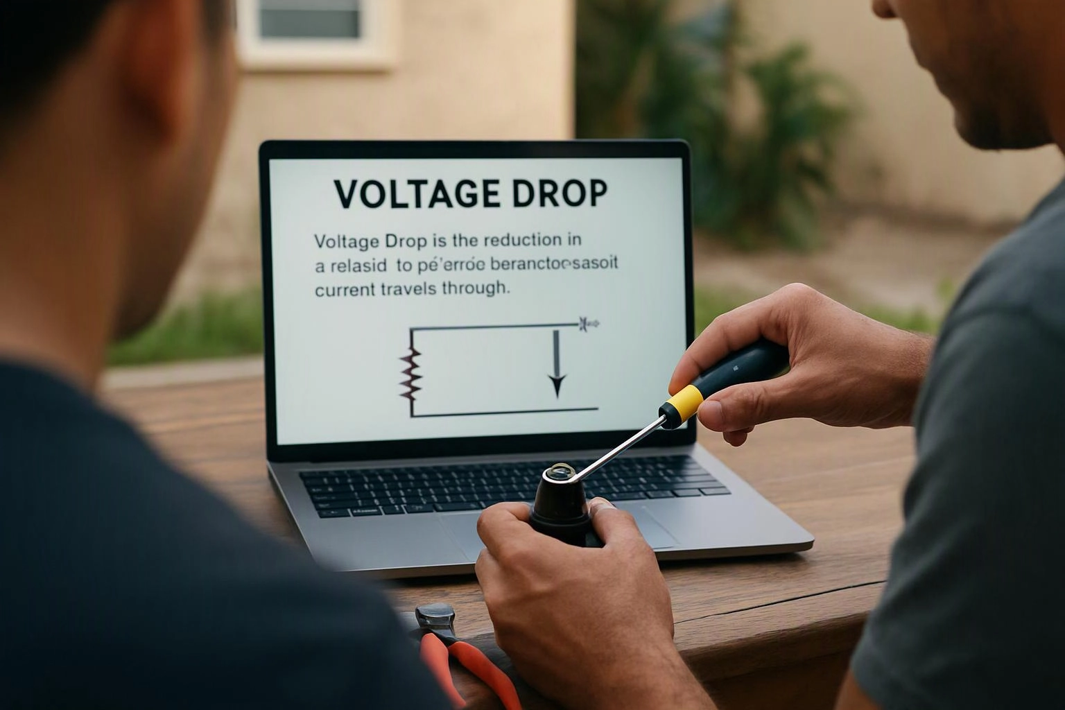 Two people watch a laptop screen showing a voltage drop diagram while one holds a screwdriver over a small tool on a wooden table