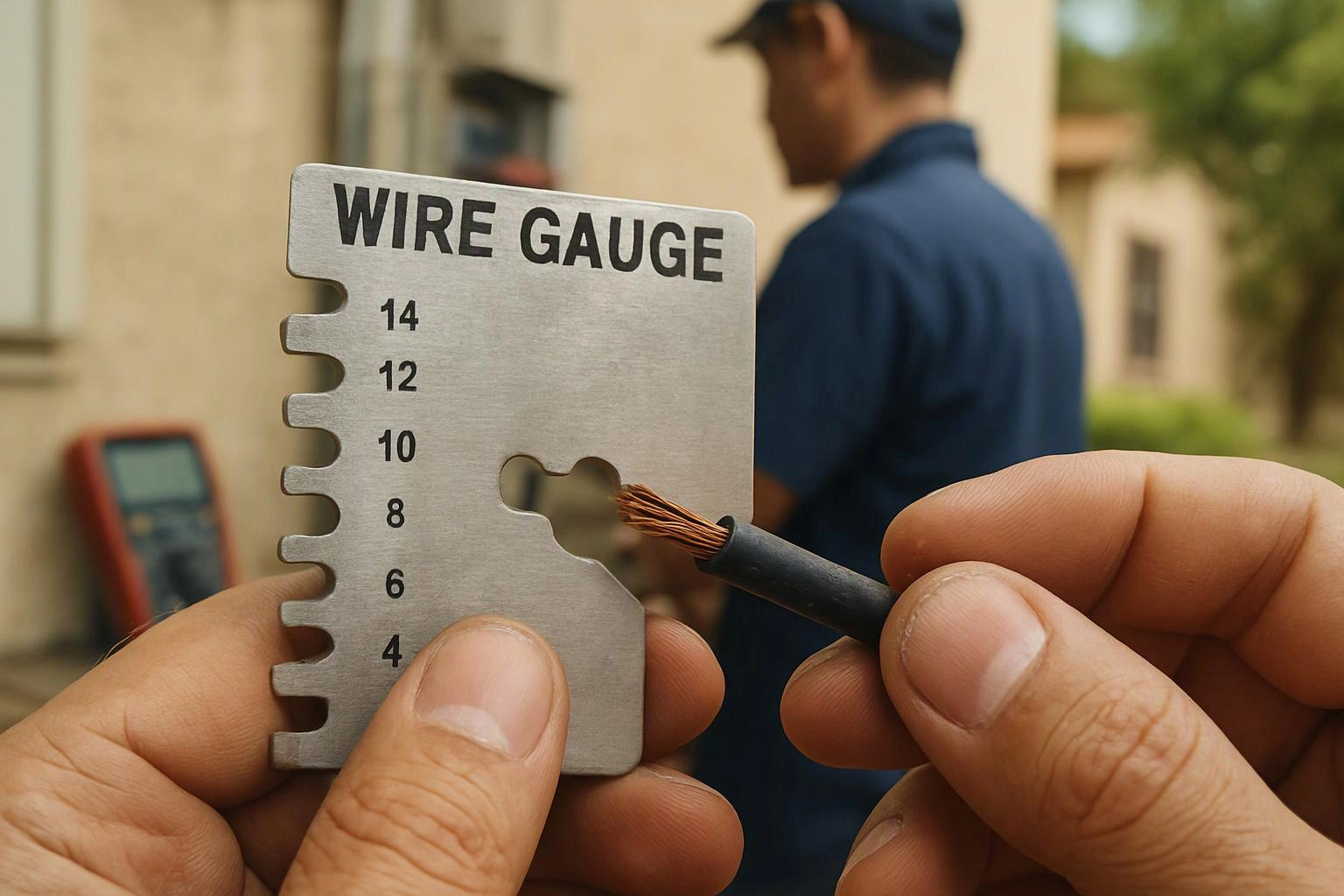 Hands hold a wire gauge and a stripped cable outdoors, with a blurred worker in the background