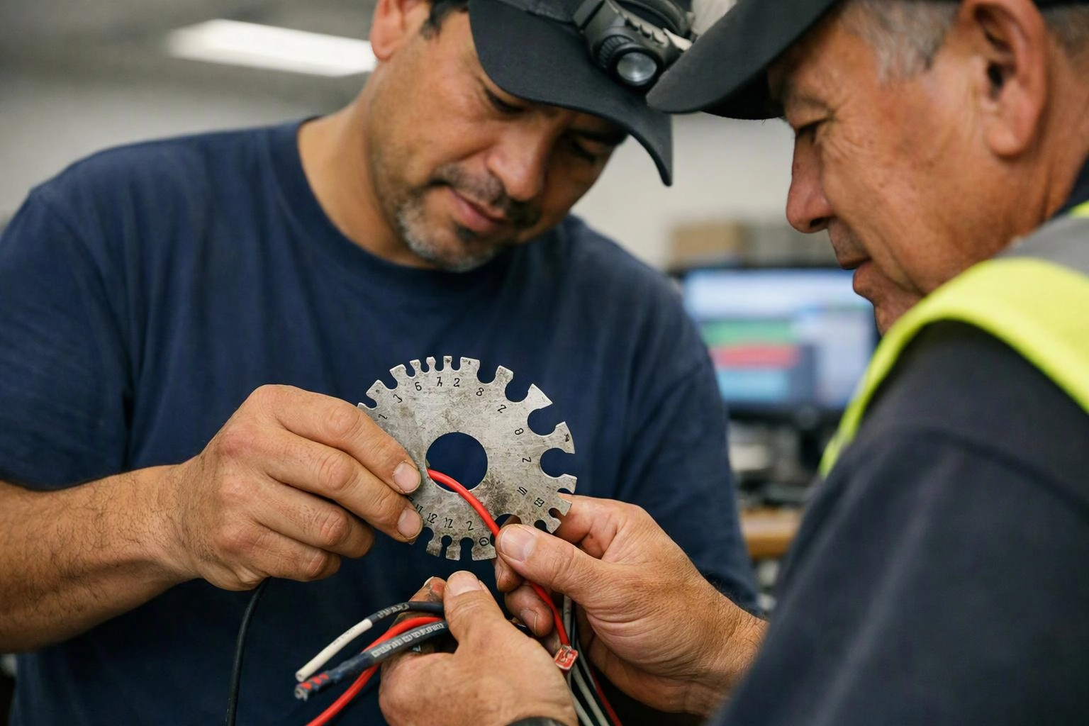 Two workers in caps inspect a metal gauge while handling bundled wires in a workshop