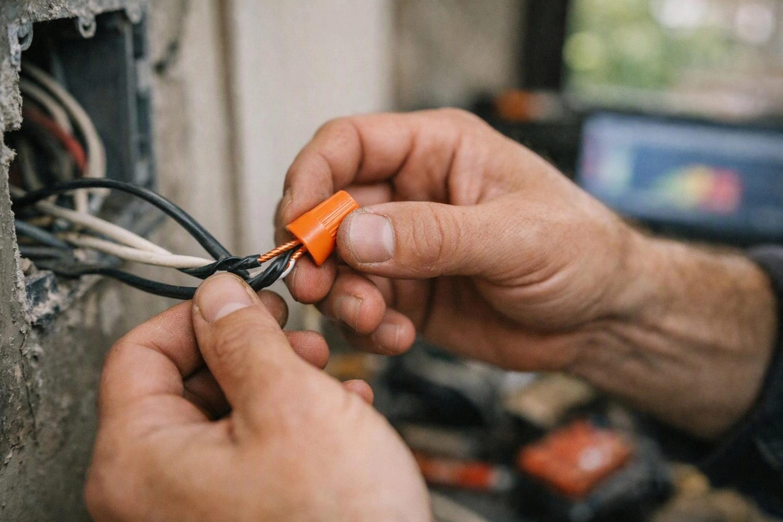 Hands twist an orange wire connector around exposed electrical wires in a wall box
