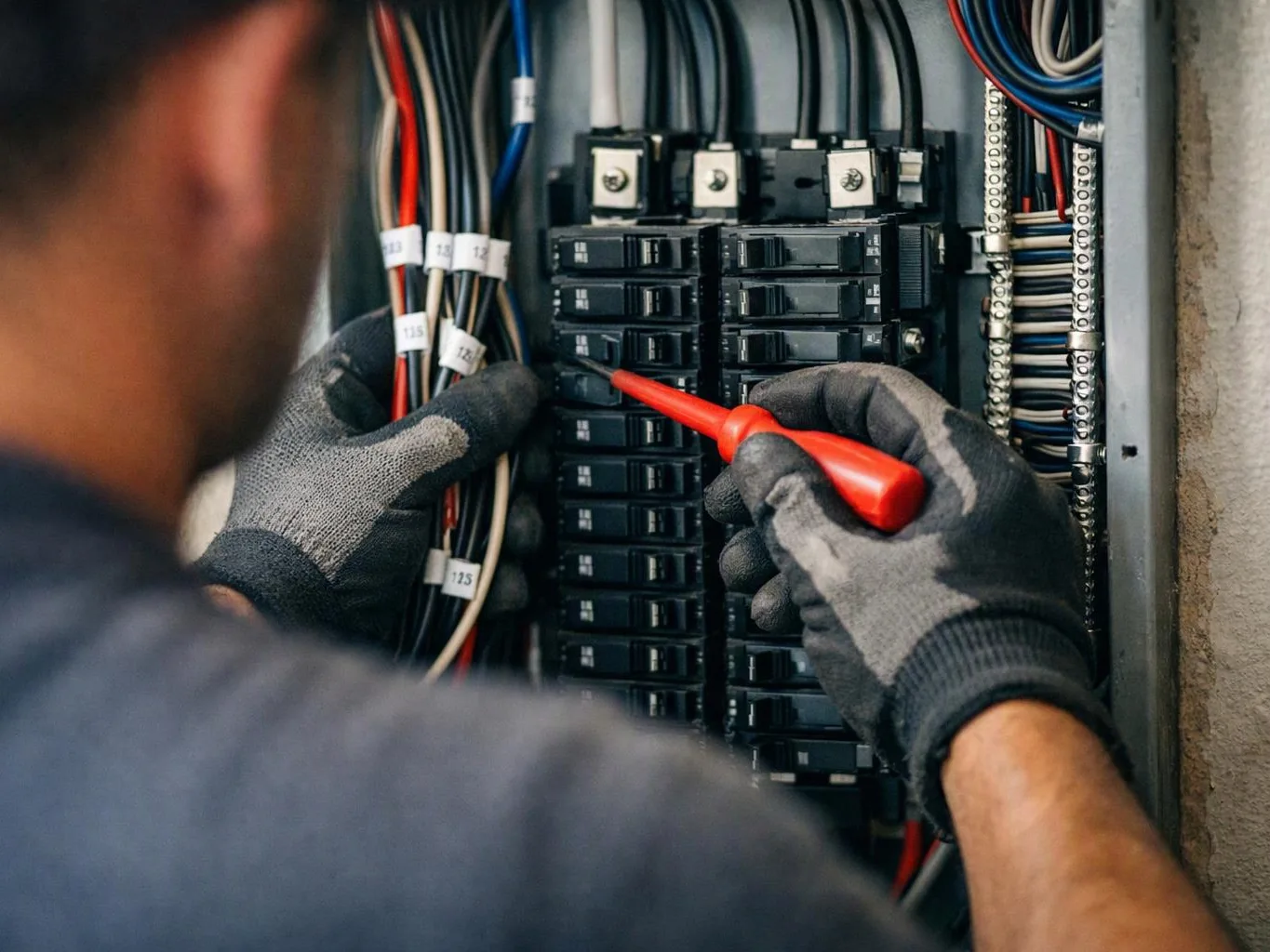 A gloved electrician points a red tester at a breaker panel filled with wires and switches