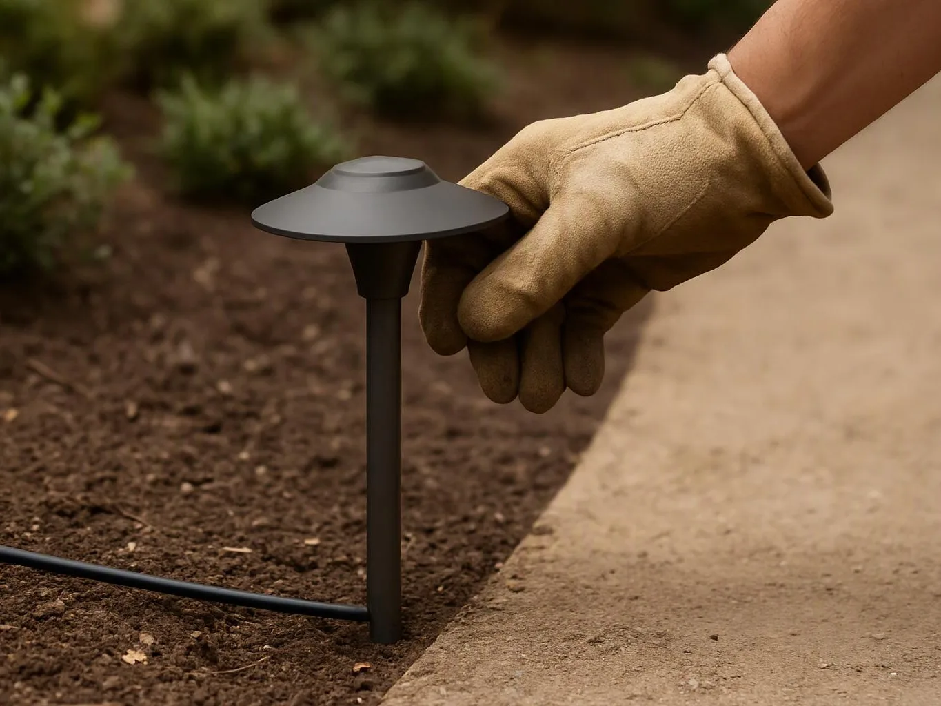 A gloved hand adjusts a small outdoor path light beside a stone walkway and soil bed
