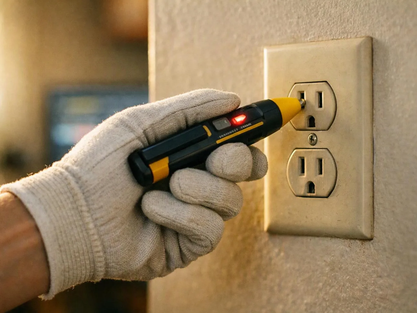 A gloved hand checks a wall outlet with a pen-style electrical tester in warm indoor light