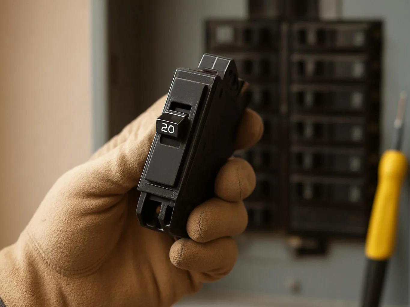 A gloved hand holds a black 20 amp circuit breaker in front of an electrical panel