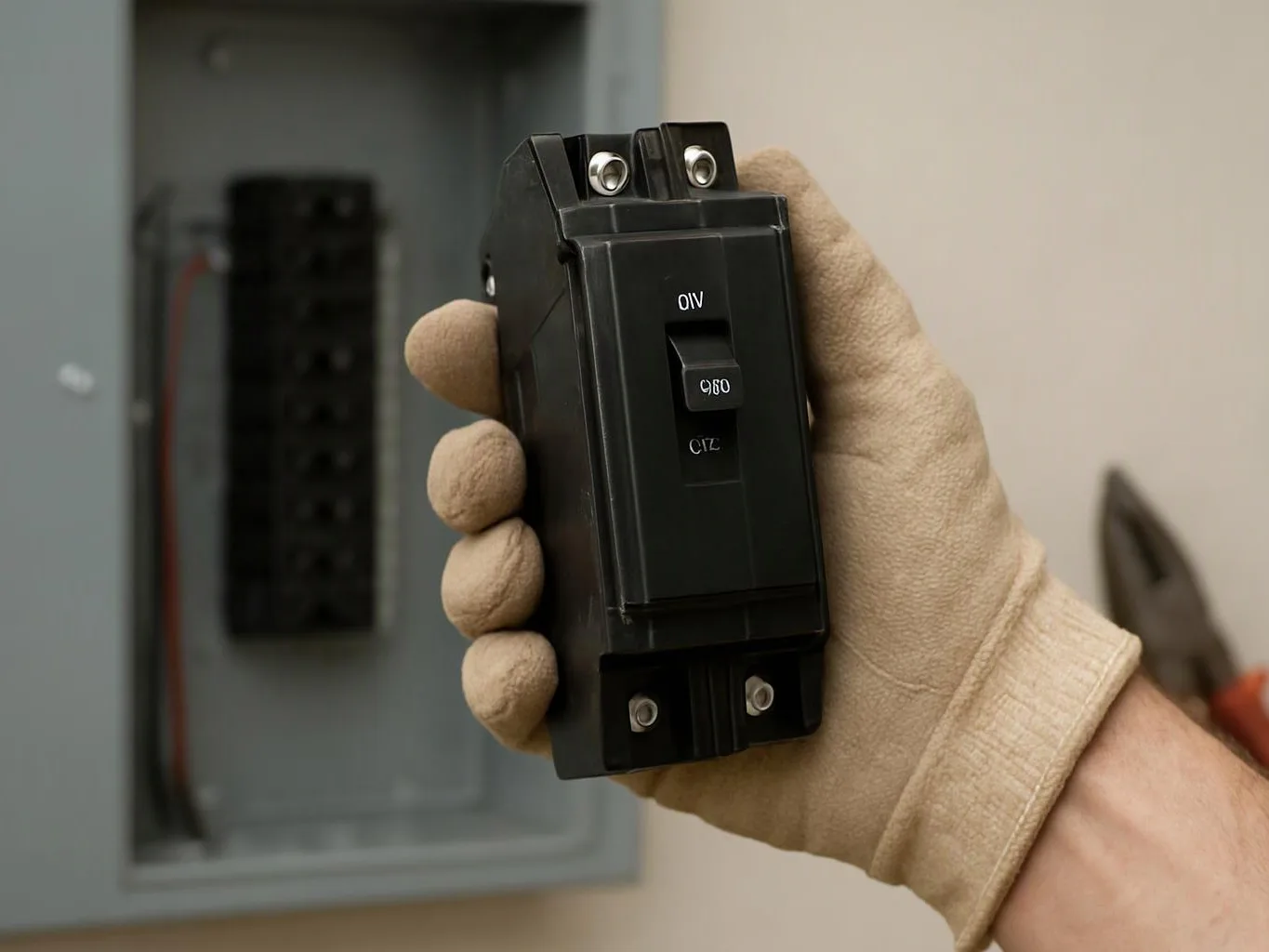 A gloved hand holds a black circuit breaker near an open electrical panel indoors