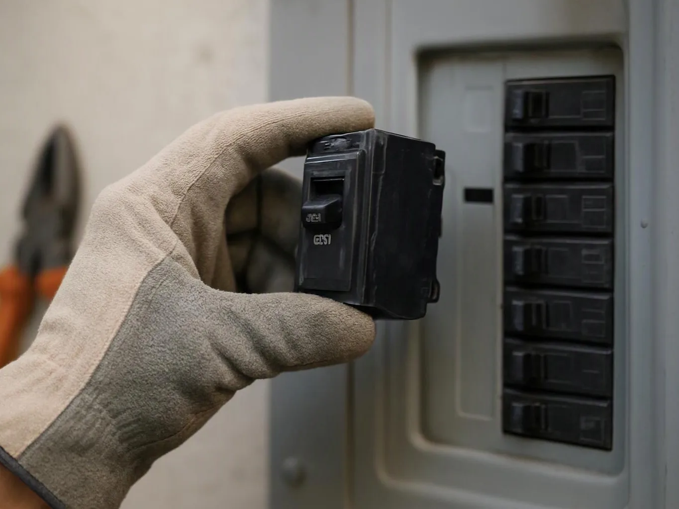 A gloved hand holds a black circuit breaker near an open electrical panel with rows of switches