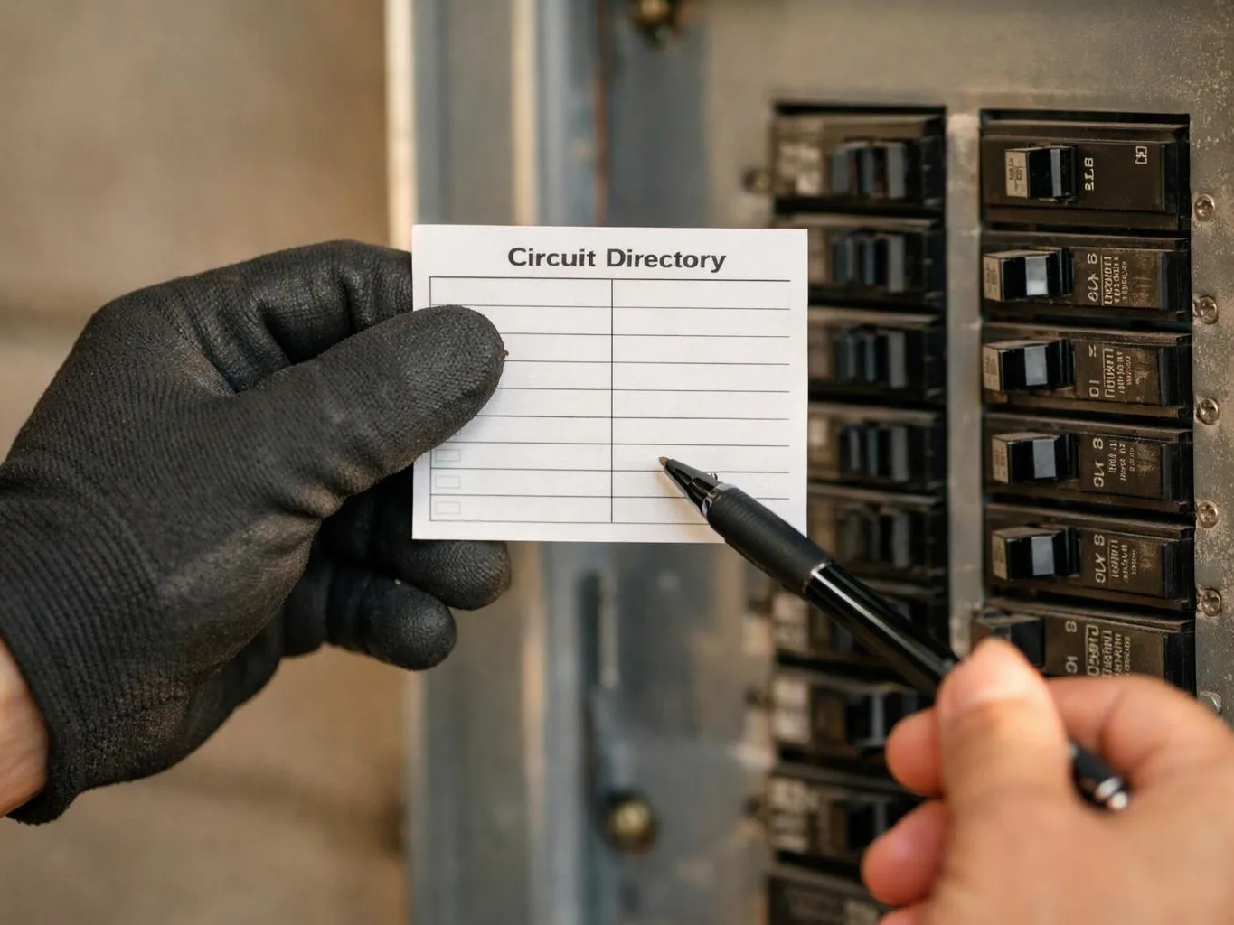 A gloved hand holds a circuit directory card while another hand points with a pen at an electrical breaker panel