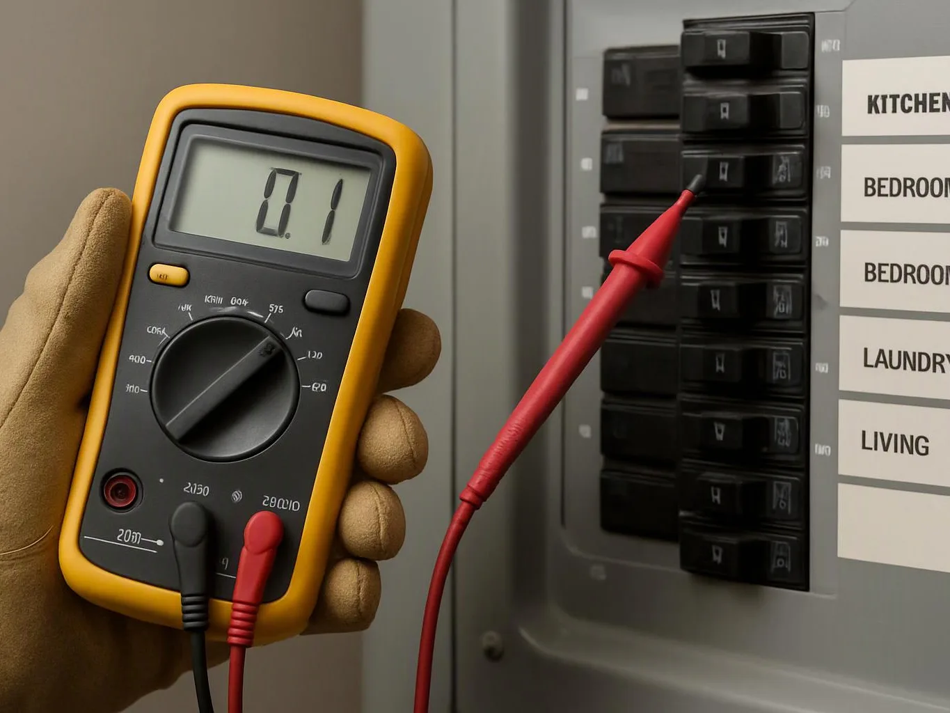 A gloved hand holds a digital multimeter beside an electrical breaker panel with a probe touching a switch
