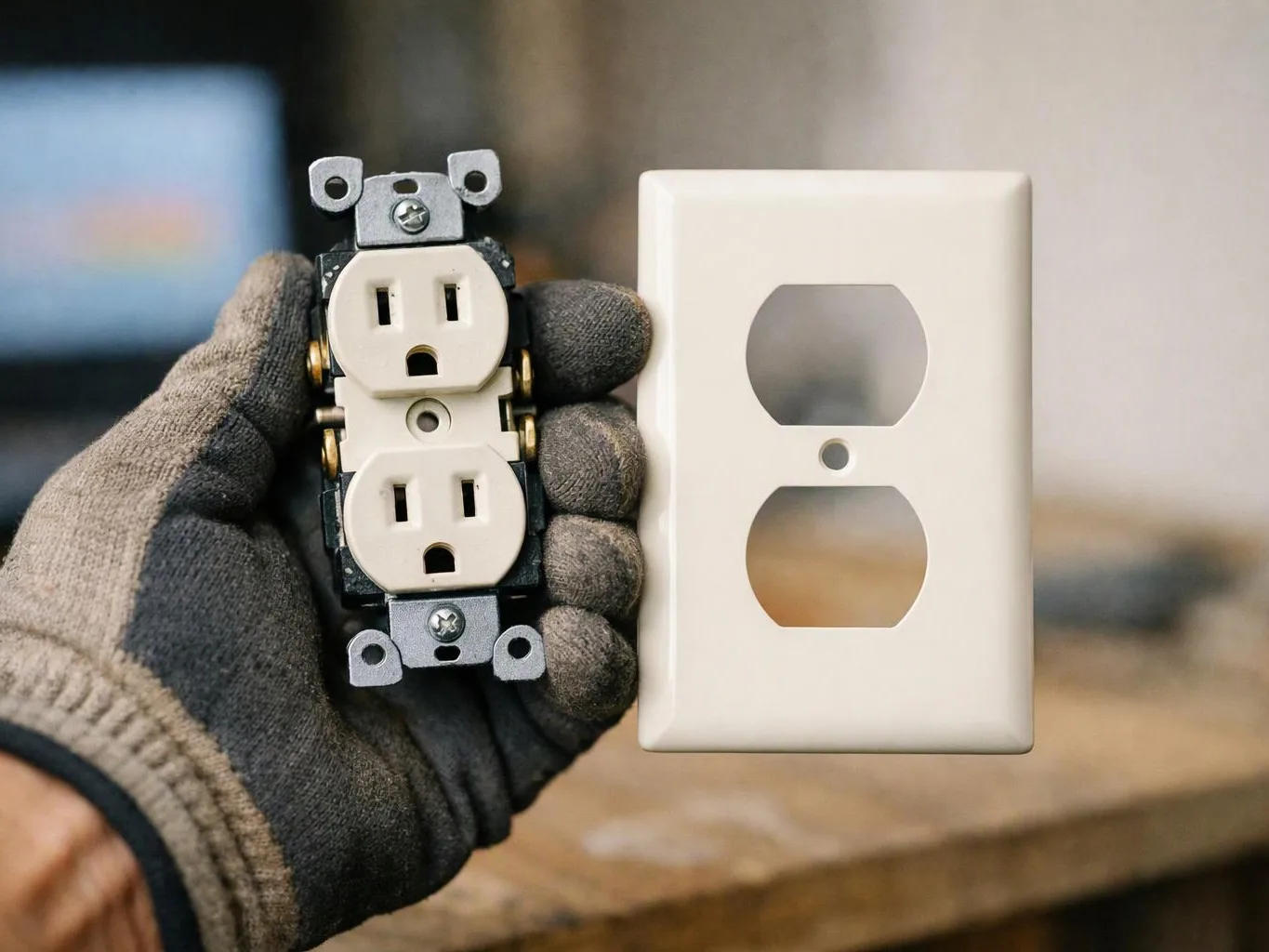 A gloved hand holds a duplex electrical outlet beside a white wall plate on a workbench