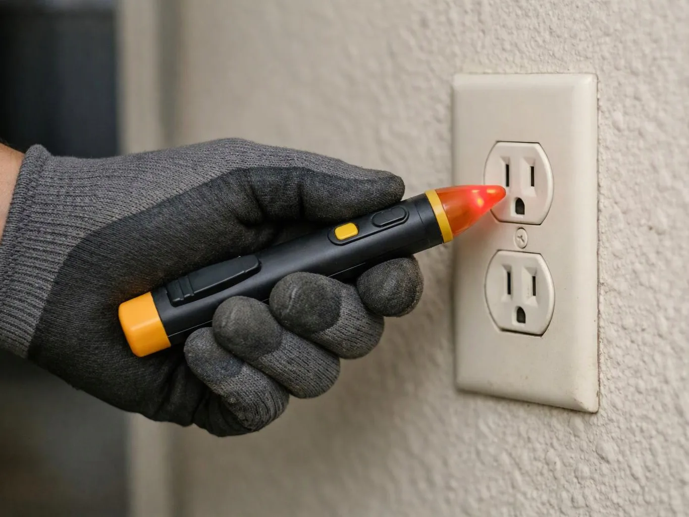 Gloved hand holds a lit voltage tester near a wall outlet on a textured wall