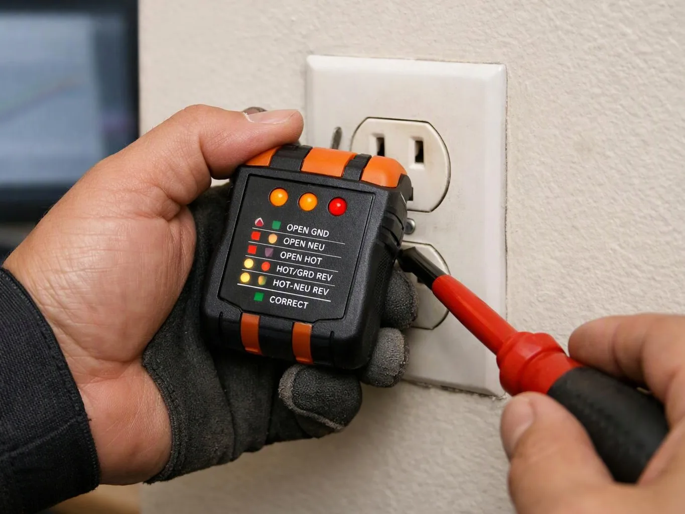 A gloved hand holds an outlet tester while another hand inserts a screwdriver into a wall outlet by a beige wall