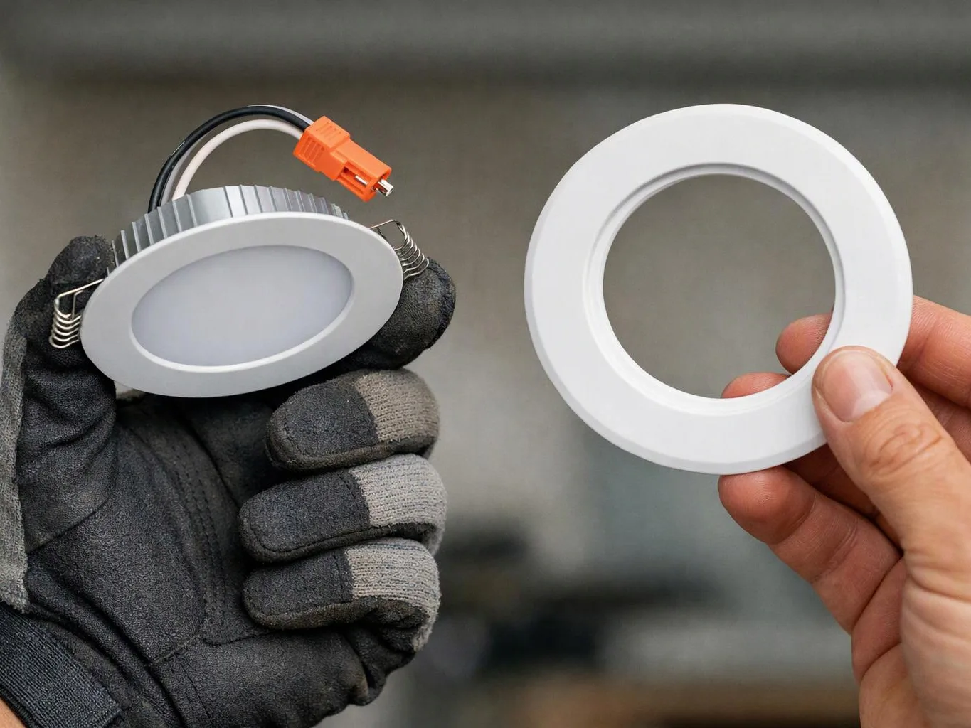 A gloved hand holds a recessed LED light and another hand holds its white trim ring against a blurred background