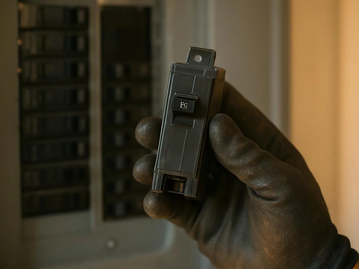 A gloved hand holds a small black electrical switch in front of a breaker panel
