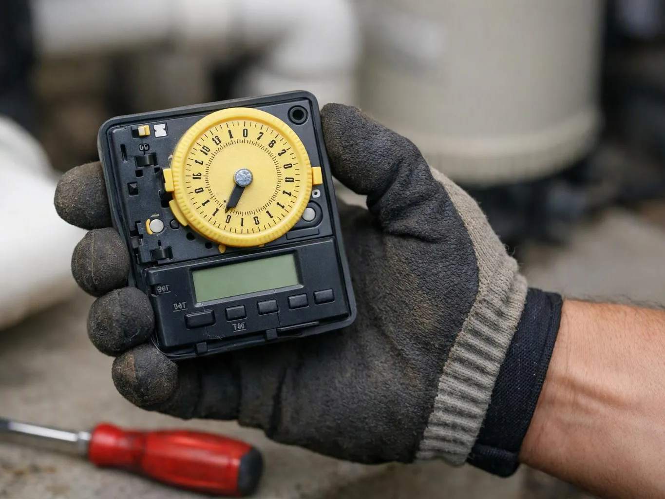 A gloved hand holds a small digital timer with a yellow dial in a workshop setting