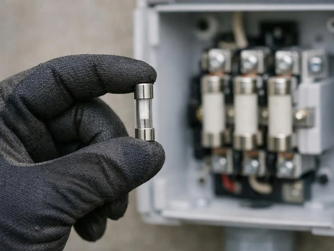 A gloved hand holds a small glass fuse in front of an open electrical panel
