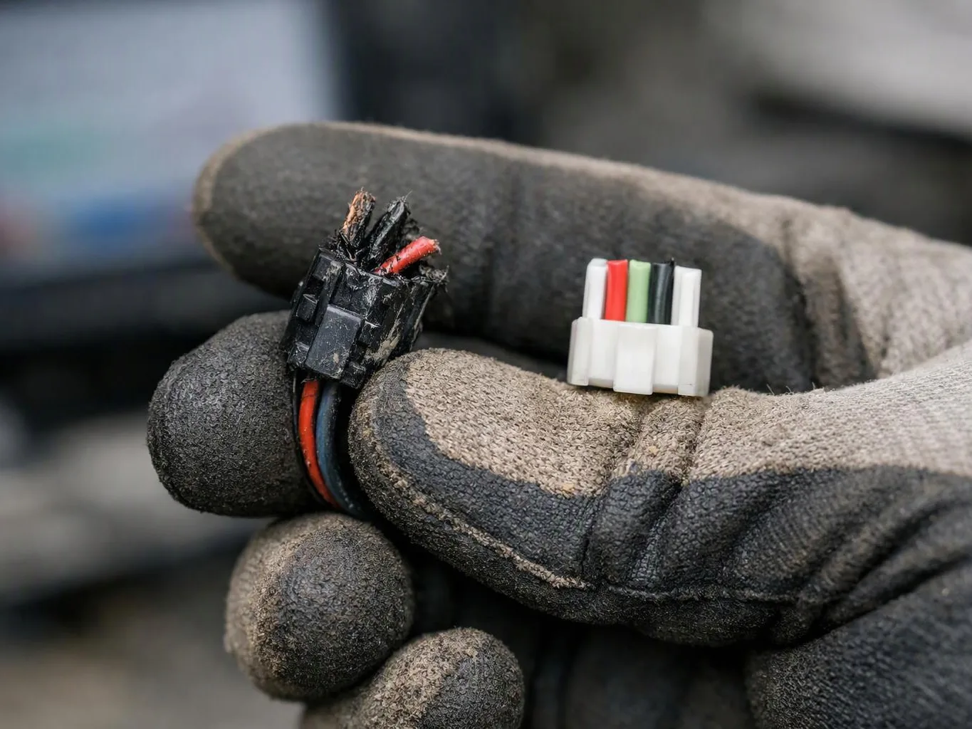 A gloved hand holds two small wire connectors, one burnt and one clean, against a blurred workshop background