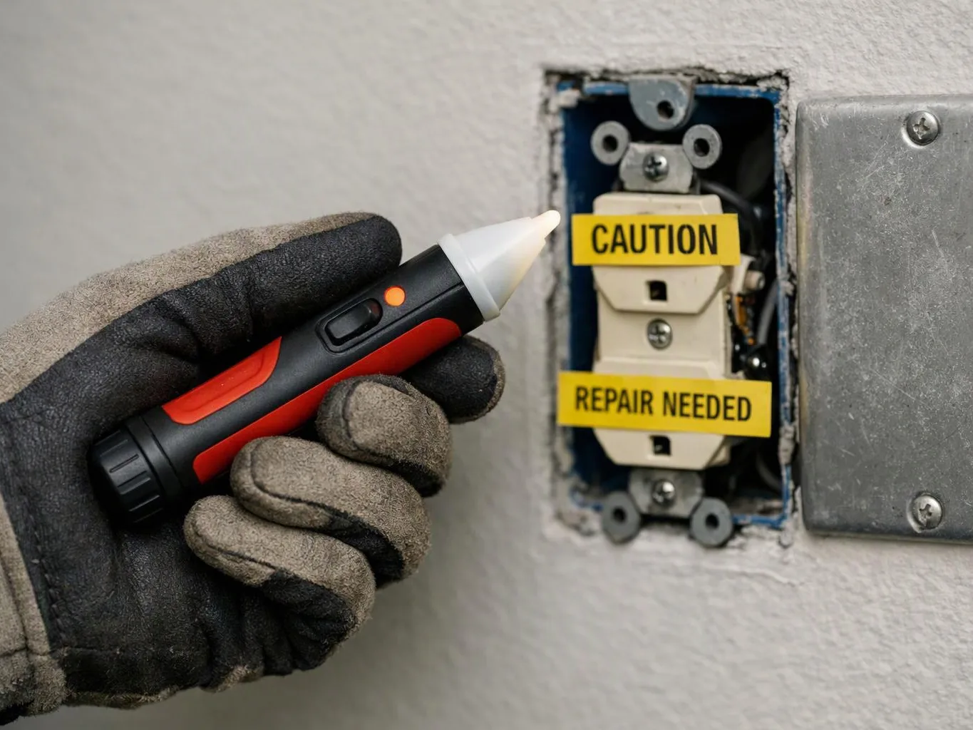 A gloved hand holds a voltage tester near a wall outlet marked with caution and repair needed labels