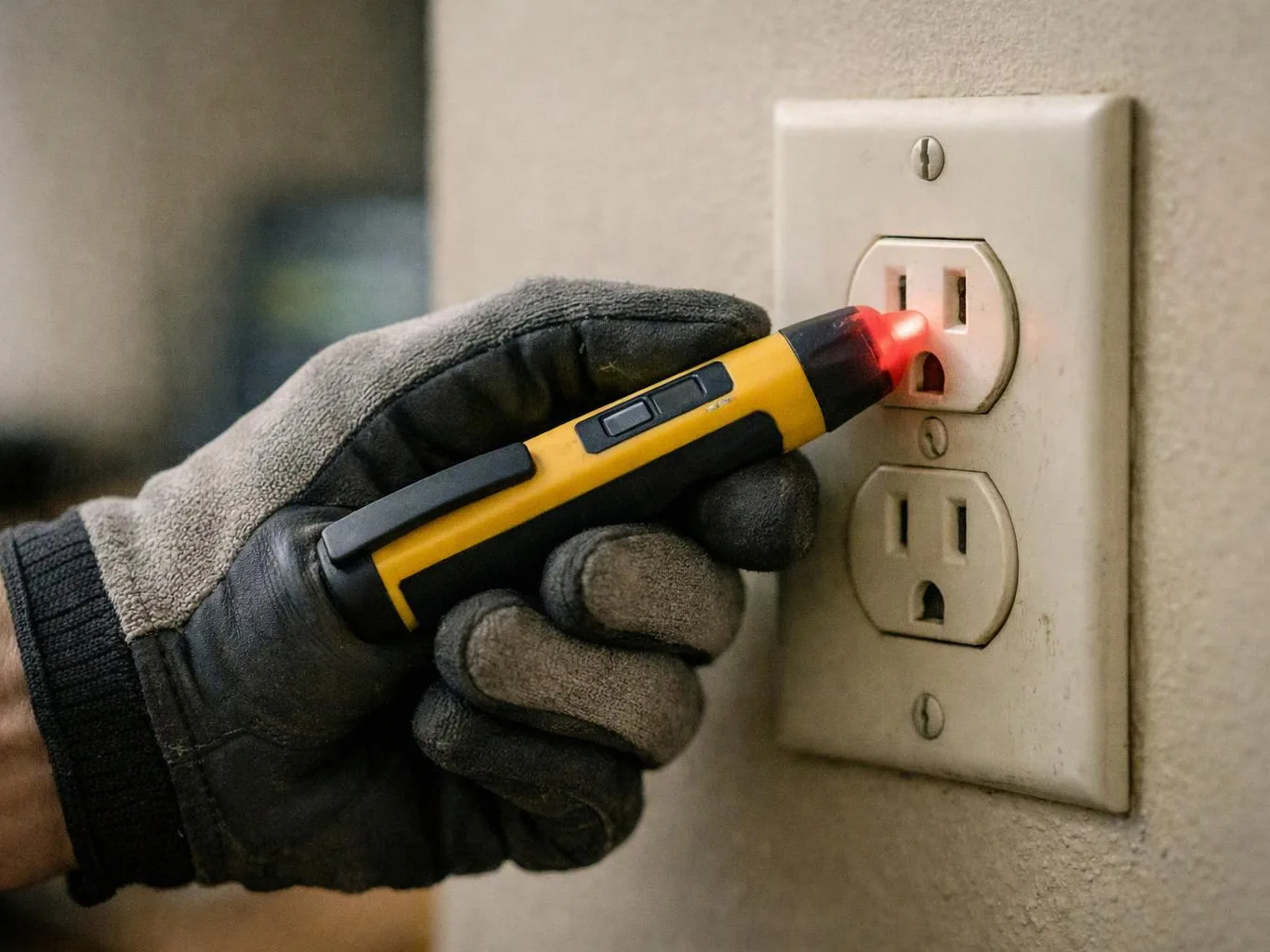A gloved hand holds a voltage tester to a wall outlet, with a red light glowing against a beige wall