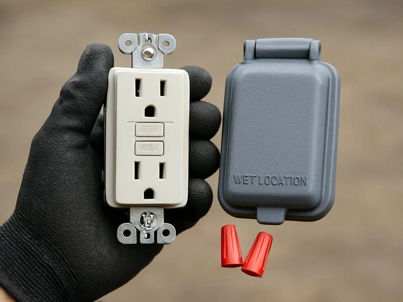 A gloved hand holds a white GFCI outlet beside a gray weatherproof cover and two red wire caps