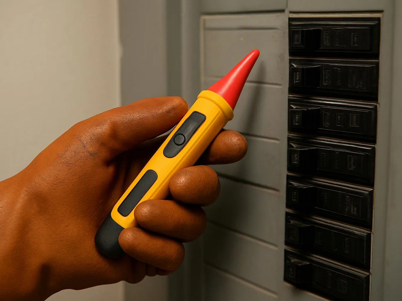 A gloved hand holds a yellow voltage tester near a circuit breaker panel