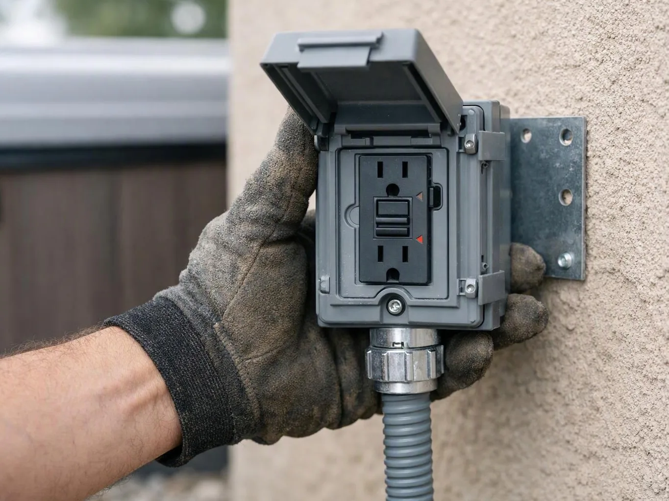 A gloved hand installs a gray outdoor electrical outlet box on a stucco wall