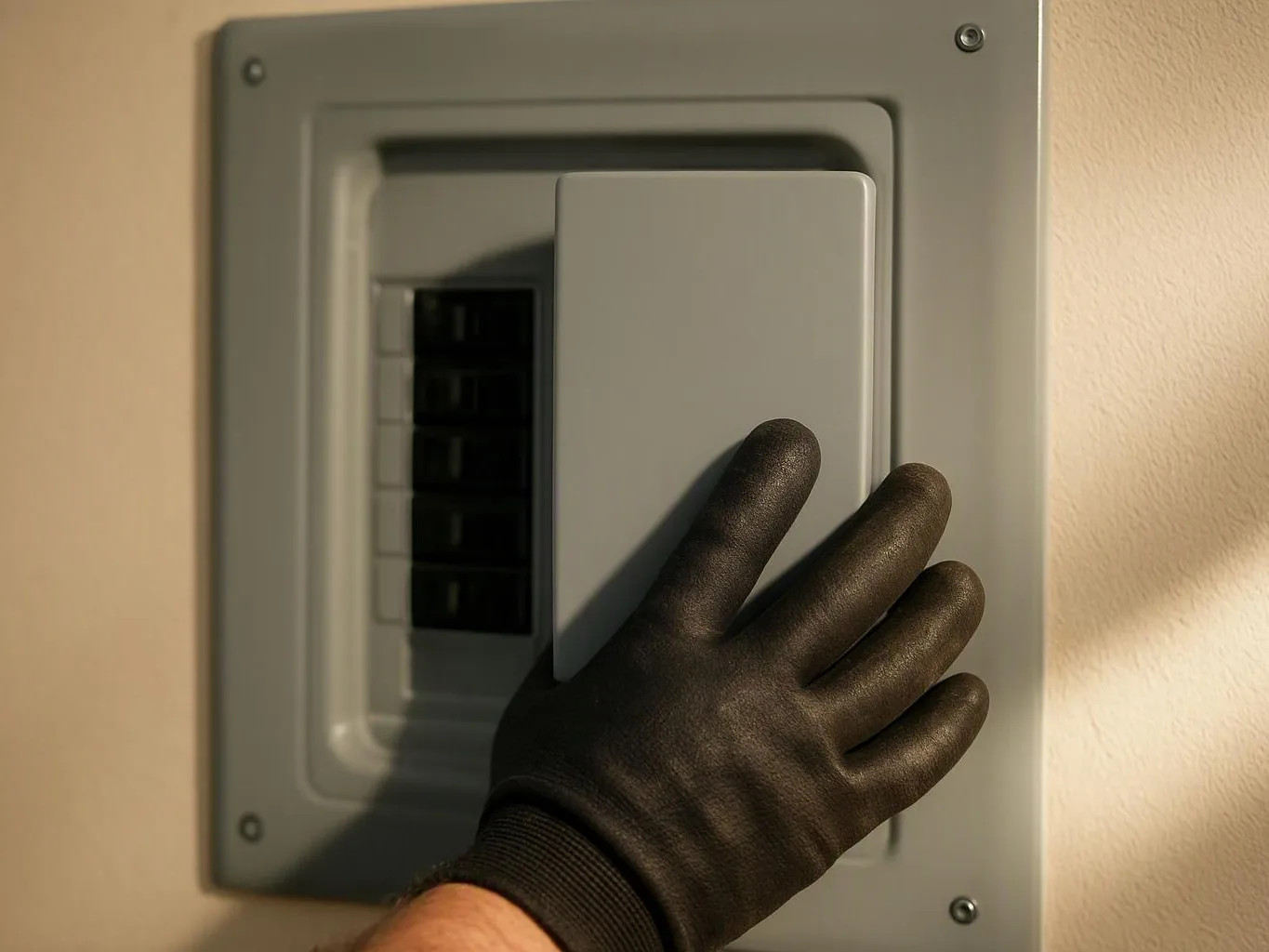 A gloved hand opens a gray electrical breaker panel on a beige wall