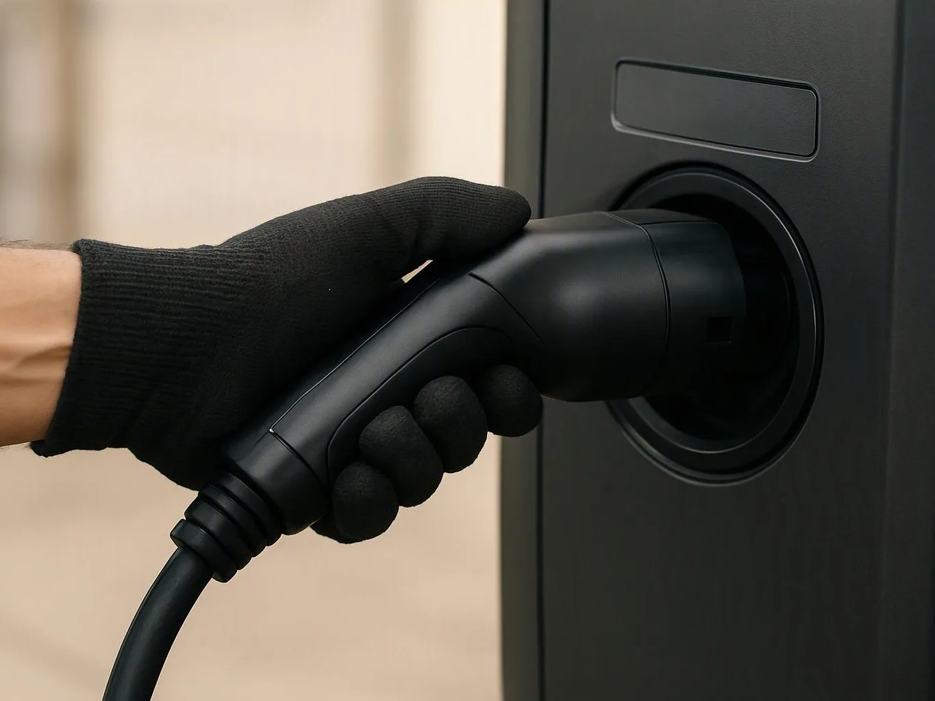 A gloved hand plugs a black charging connector into a charging port on a dark panel