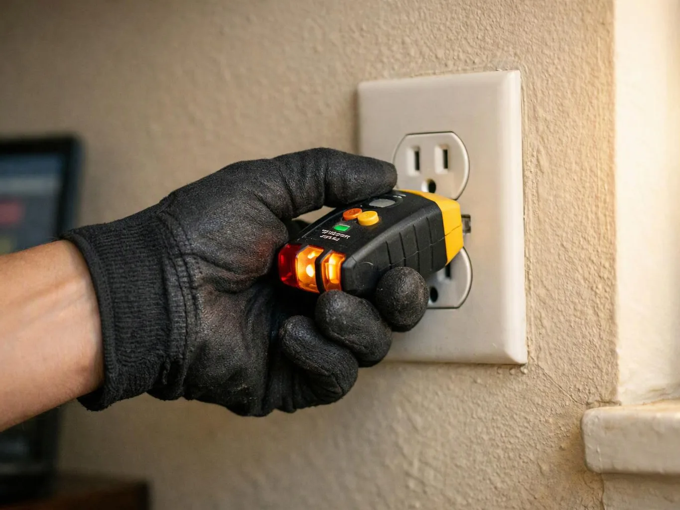 A gloved hand plugs a small electrical tester into a wall outlet on a beige wall