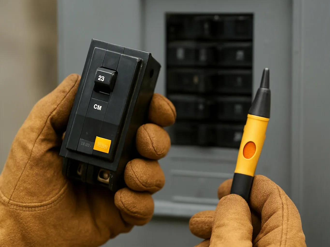 Gloved hands hold a circuit breaker and a yellow voltage tester in front of an open electrical panel