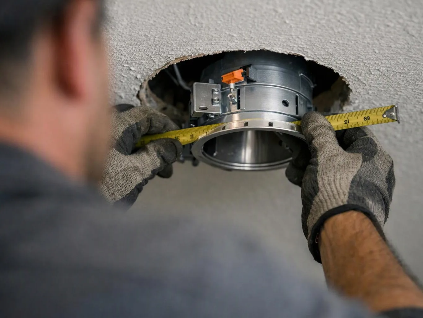Gloved hands measure a round metal vent fitting in a ceiling opening with a tape measure