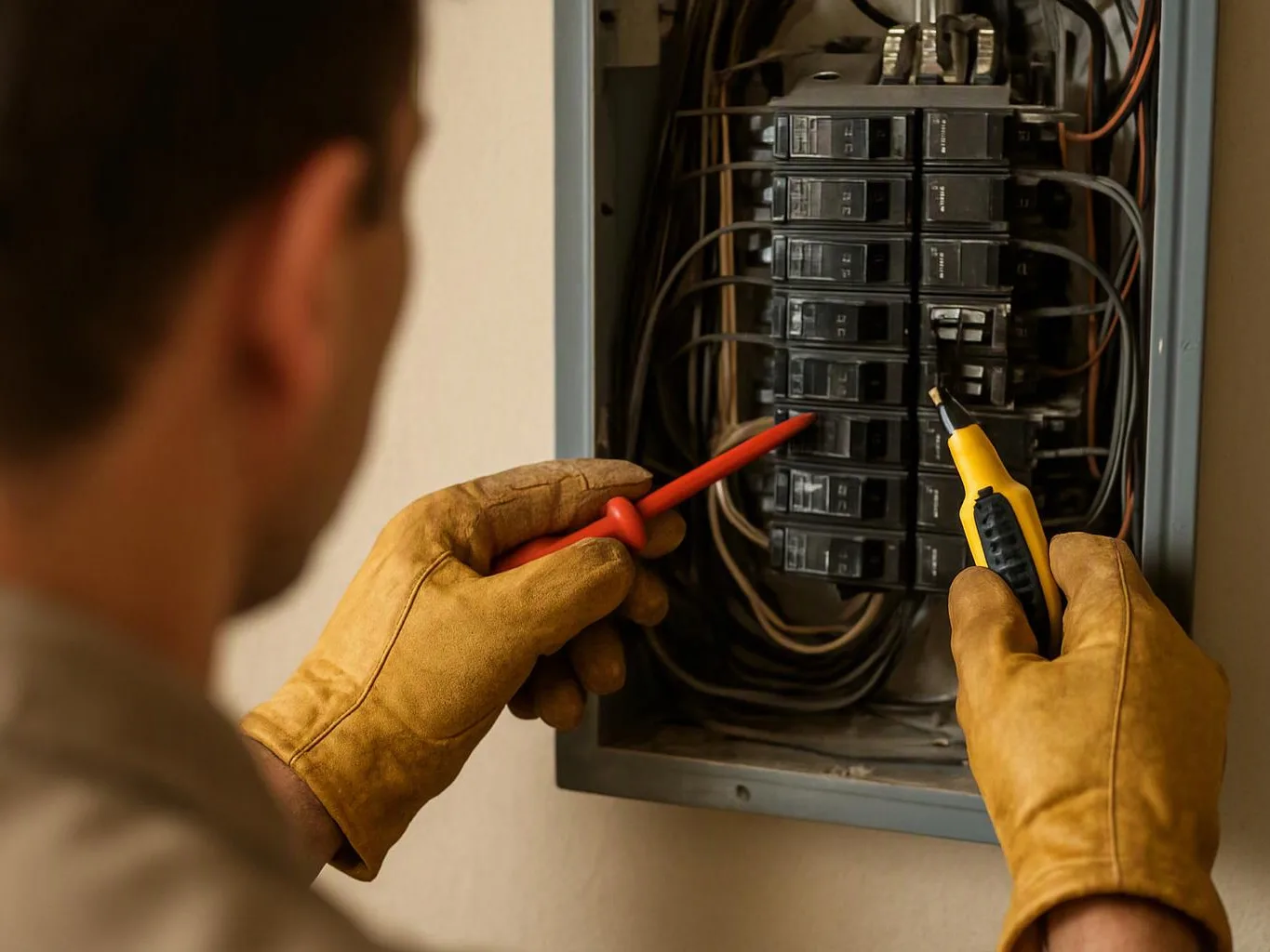 A gloved worker checks an open electrical breaker panel with two testing probes