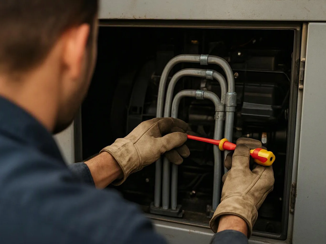 A gloved worker uses a red screwdriver inside an open electrical panel, with gray pipes and wiring visible