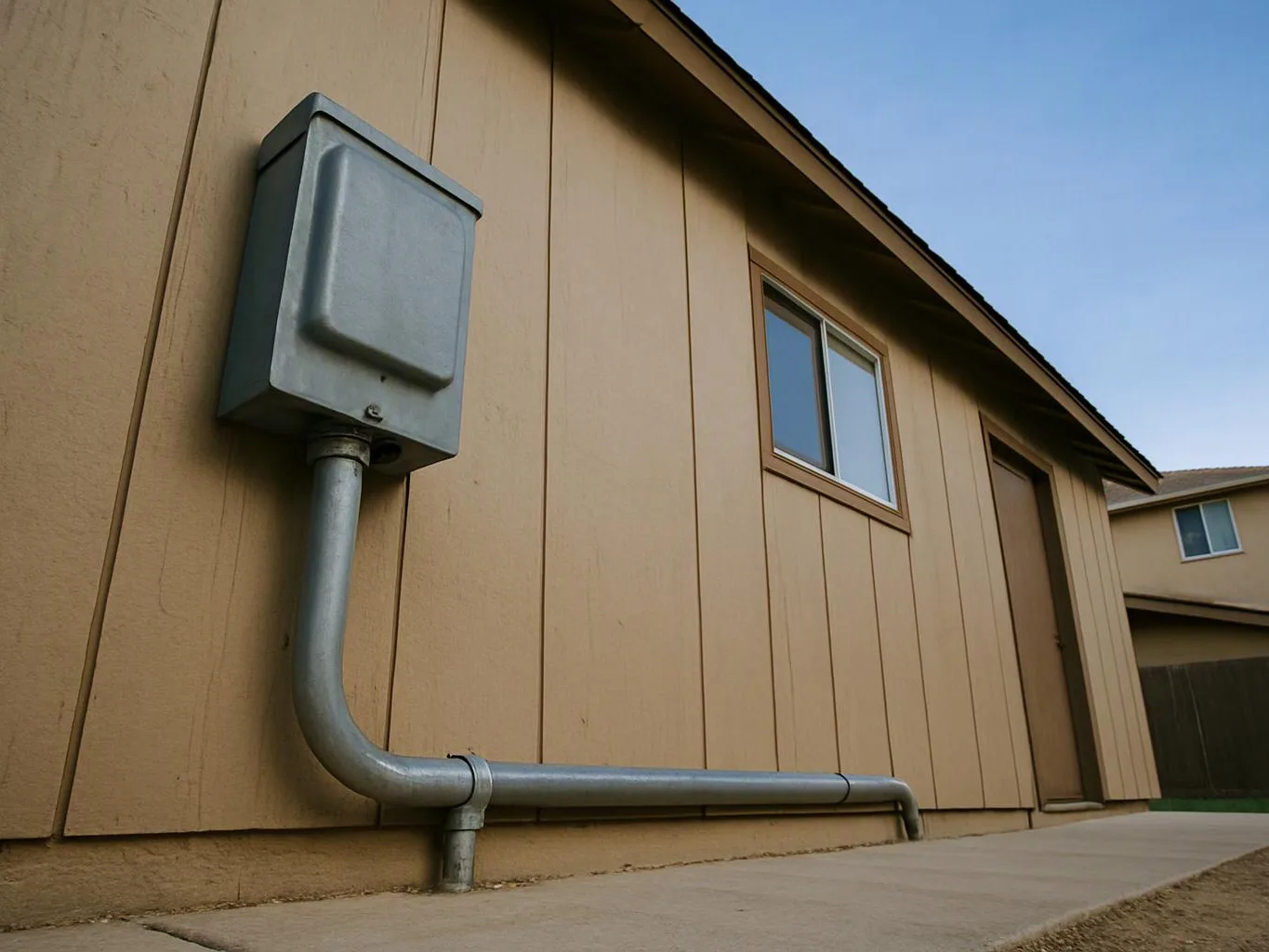 A gray electrical box and conduit run along a tan house wall beside a window and walkway
