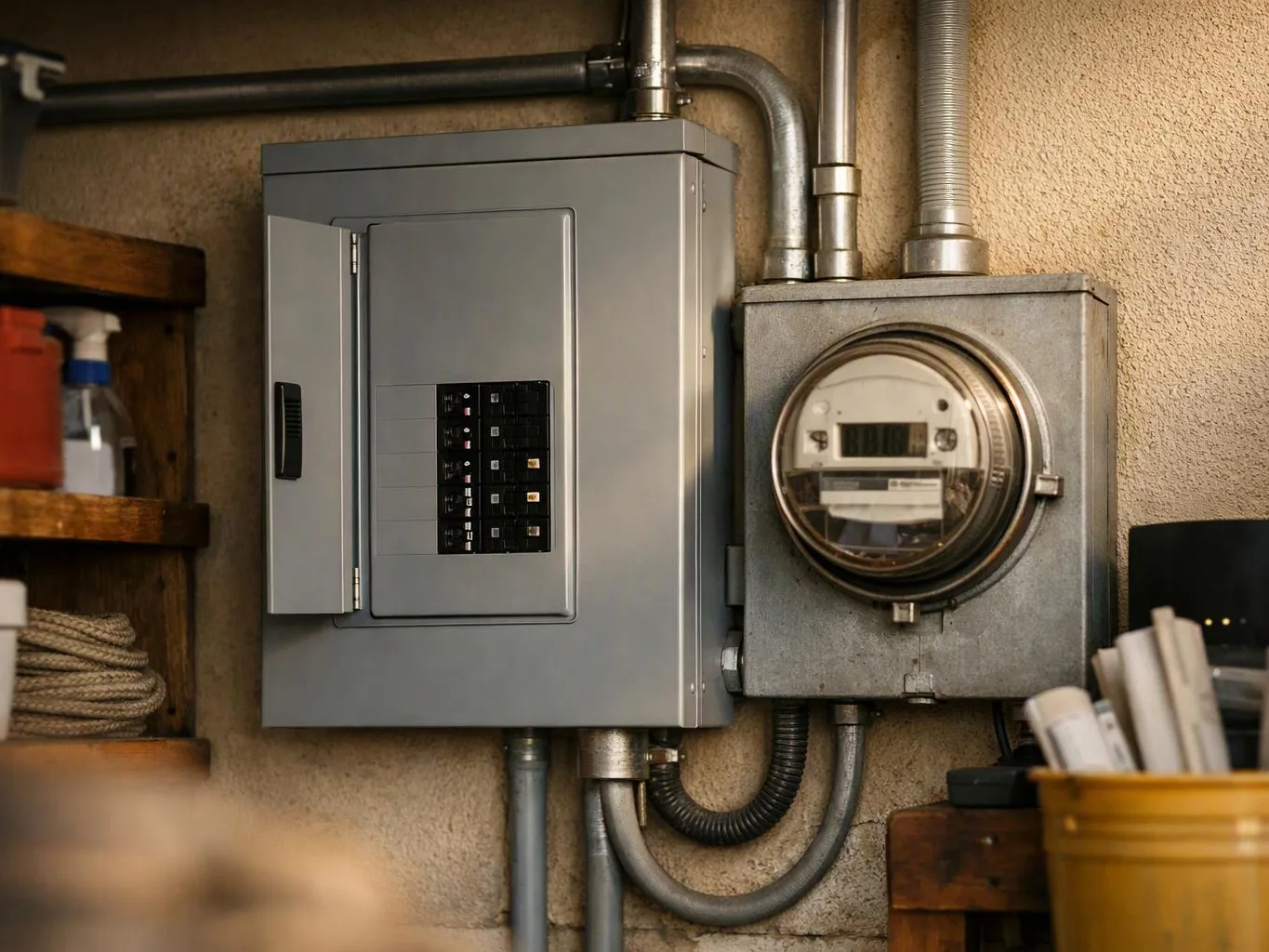 Gray electrical breaker panel and meter box mounted on a beige wall with metal conduit pipes