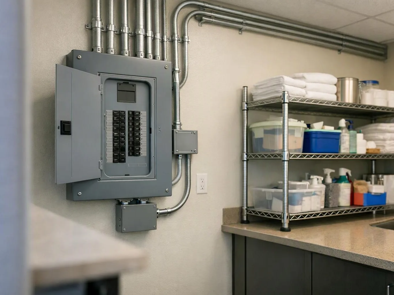 A gray electrical panel with open door sits beside metal shelving, towels, and cleaning supplies in a utility room