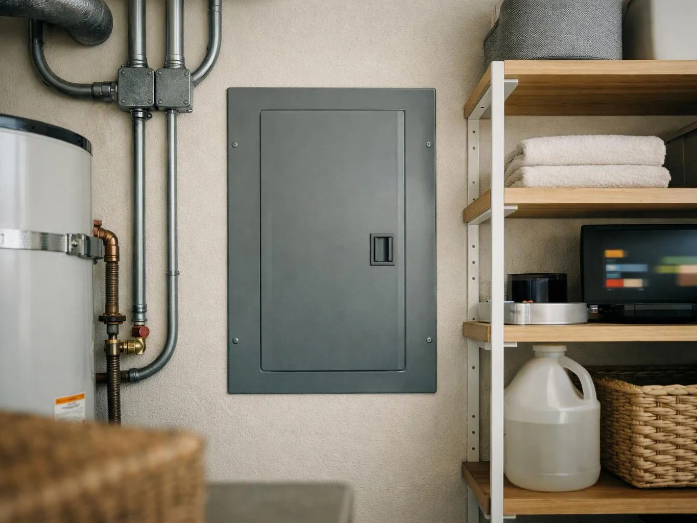 A gray electrical panel sits between exposed pipes and shelves with towels, baskets, and a white jug