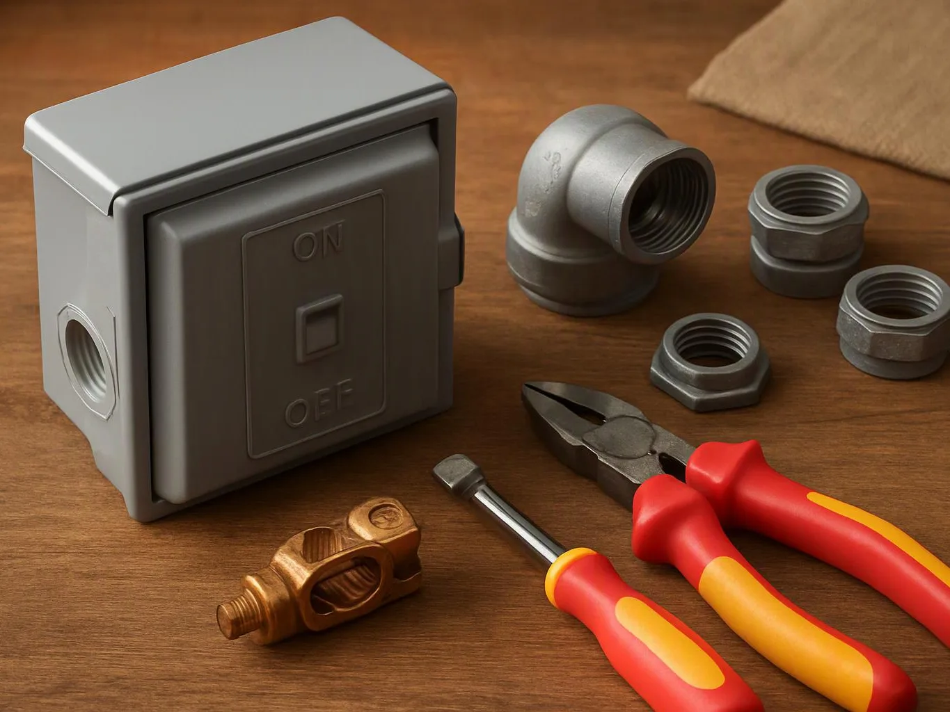 A gray electrical switch box sits beside metal fittings, nuts, and red-handled tools on a wooden table
