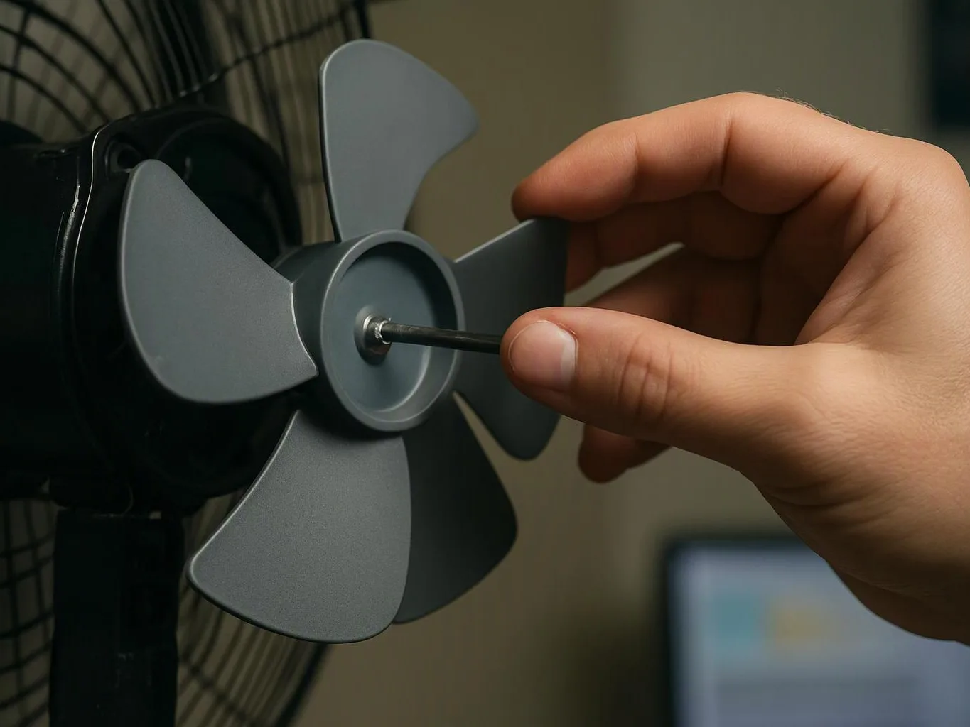 A hand adjusts a gray fan blade near a black fan grill in a close-up indoor scene