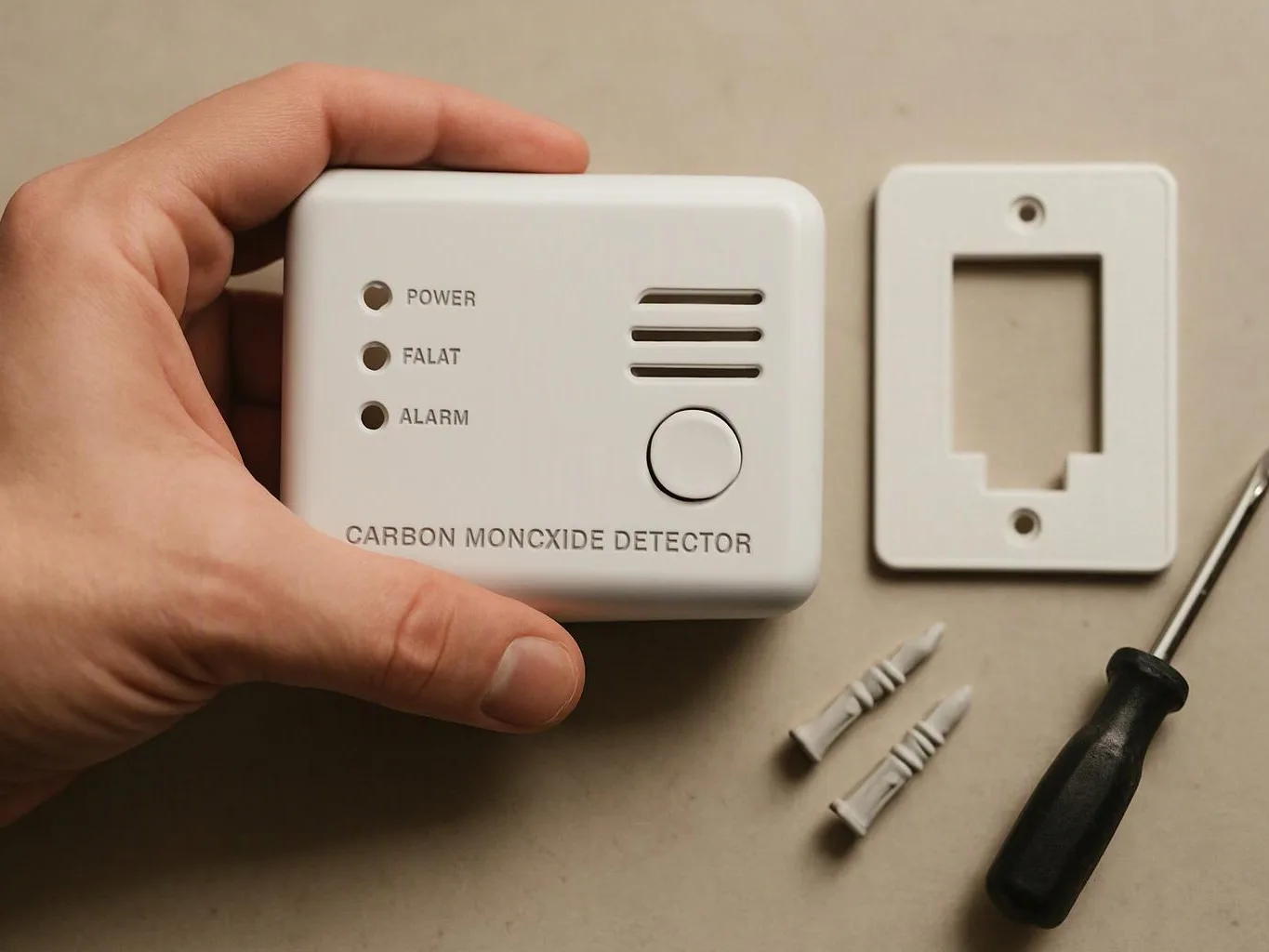 A hand holds a carbon monoxide detector beside a wall plate, anchors, and a screwdriver on a flat surface