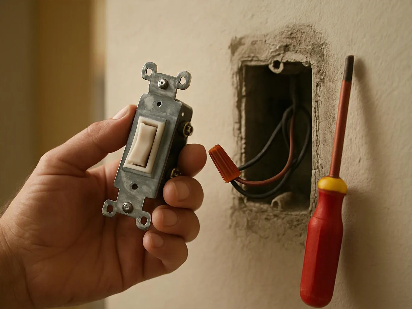 A hand holds a light switch beside an open wall box with exposed wires and a screwdriver