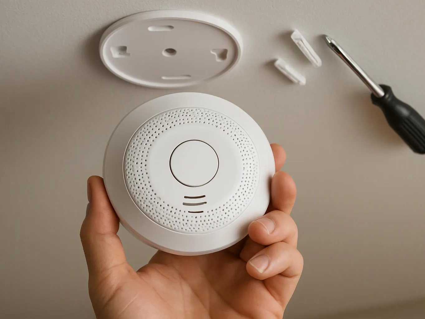 A hand holds a round white smoke detector beside its mount and a screwdriver on a wall