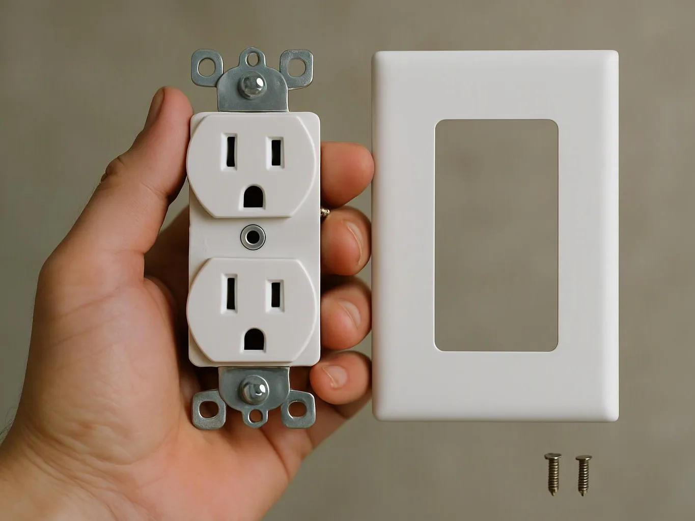 A hand holds a white duplex electrical outlet beside a matching wall plate and two screws
