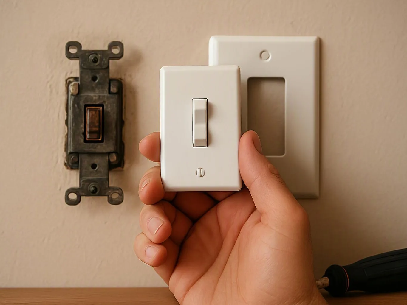 A hand holds a white light switch plate beside a wall opening and an old switch mount