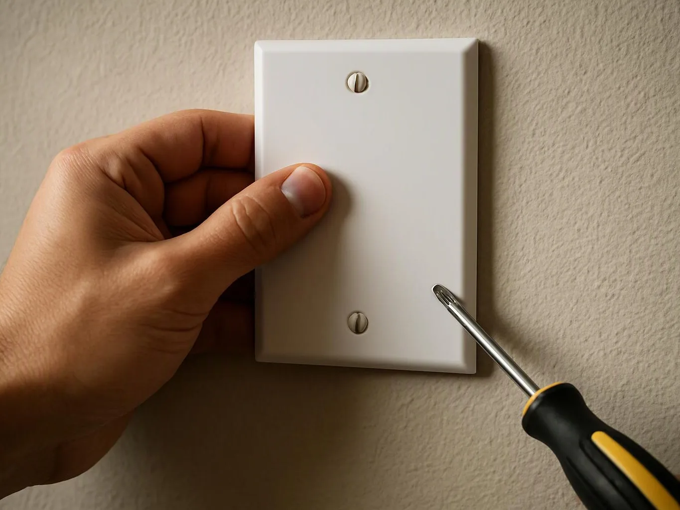 A hand holds a white wall plate while a screwdriver loosens a lower screw against a beige wall