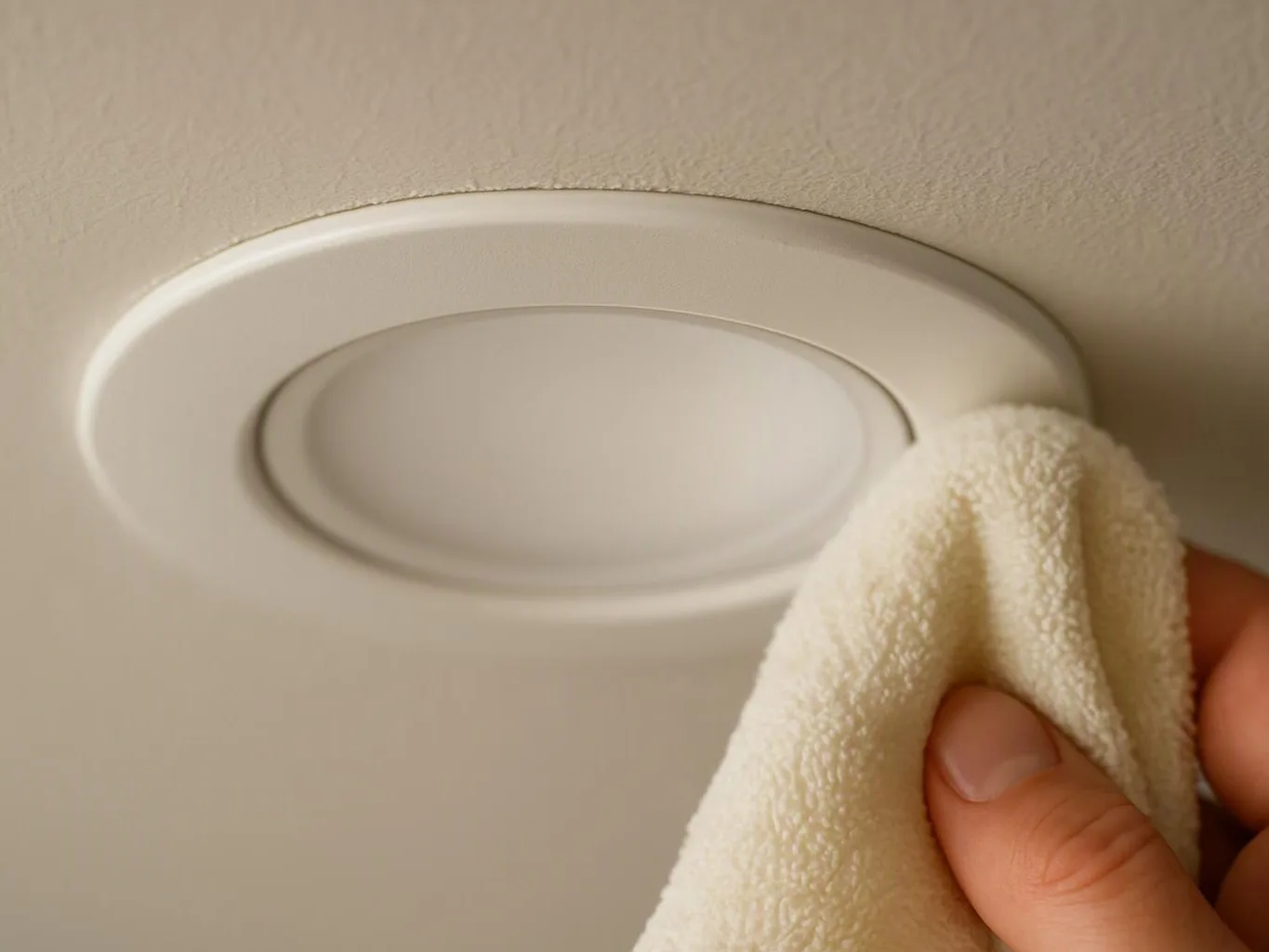A hand wipes a round white ceiling light with a soft cloth