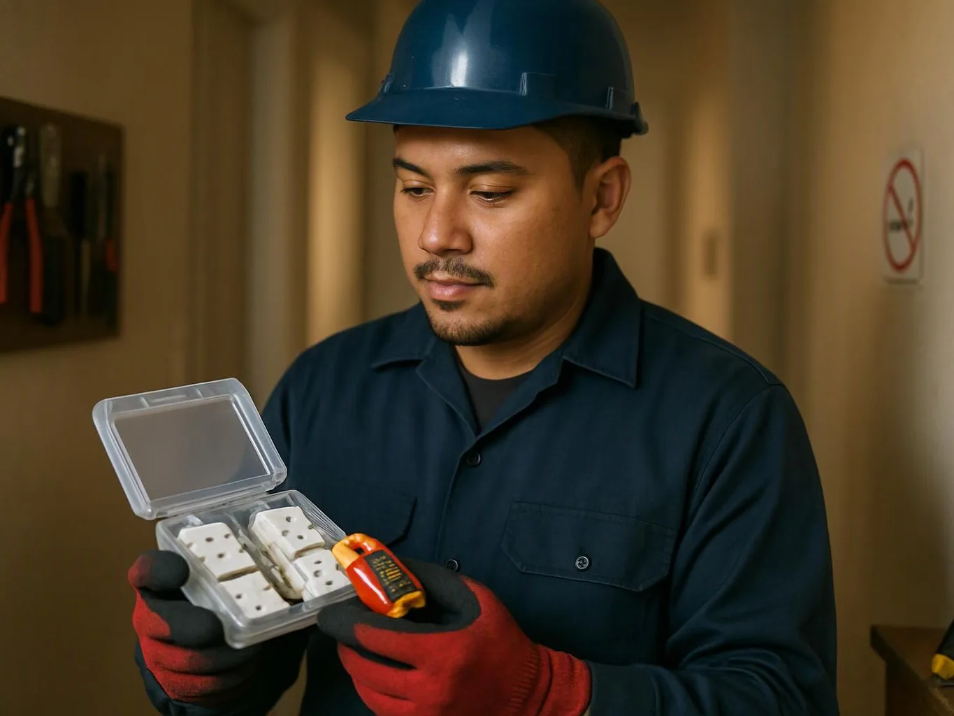 A hard hat worker inspects a plastic case of outlets and a voltage tester in a hallway