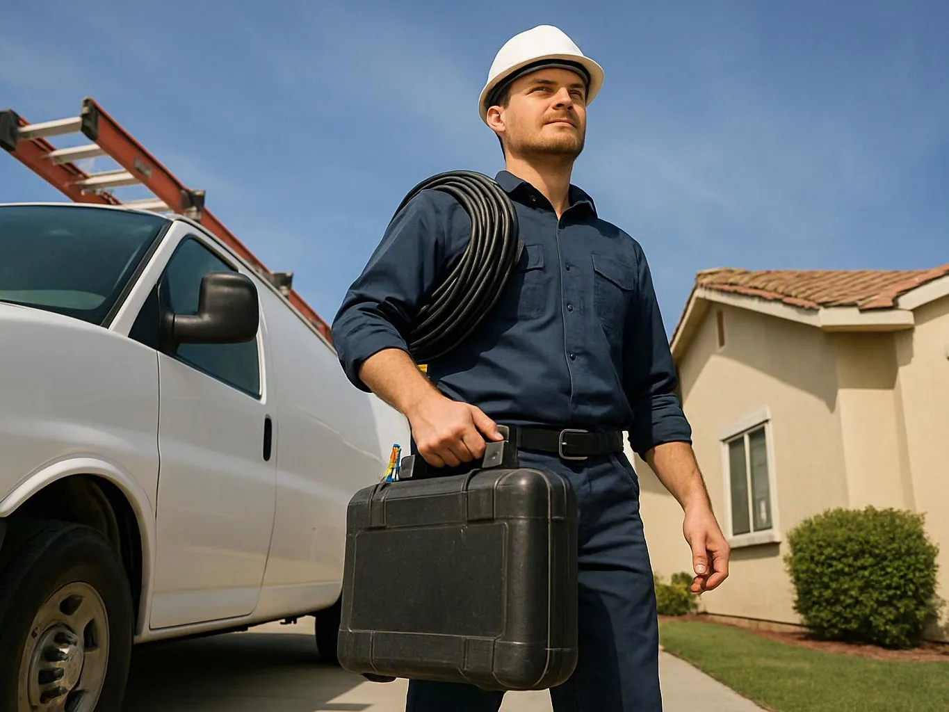 A hardhat-wearing worker carries a toolbox and coiled cable beside a white van outside a house