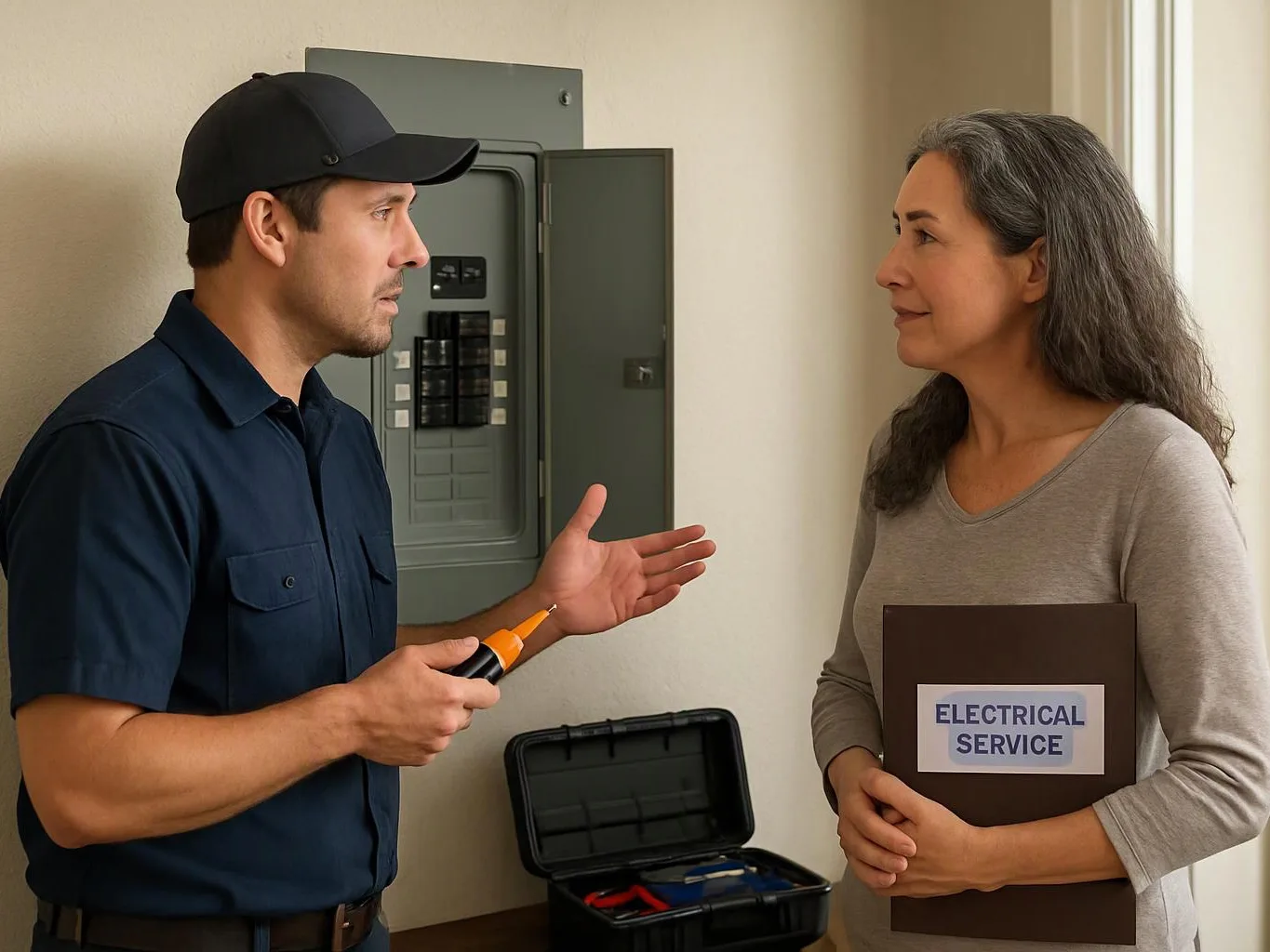 A technician talks with a woman beside an open breaker panel, holding a tester and electrical service folder