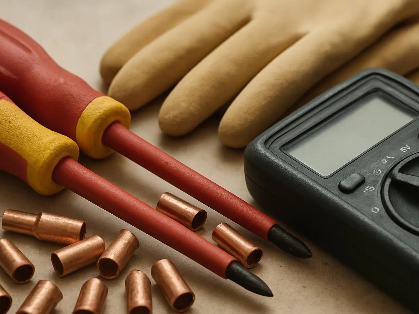 Insulated tools, copper sleeves, gloves, and a digital meter lie on a work surface