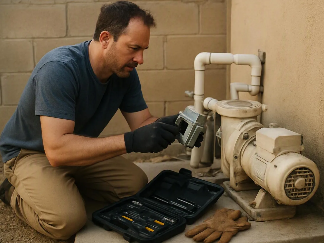 A kneeling man inspects a pump beside a wall, with tools and gloves on the ground